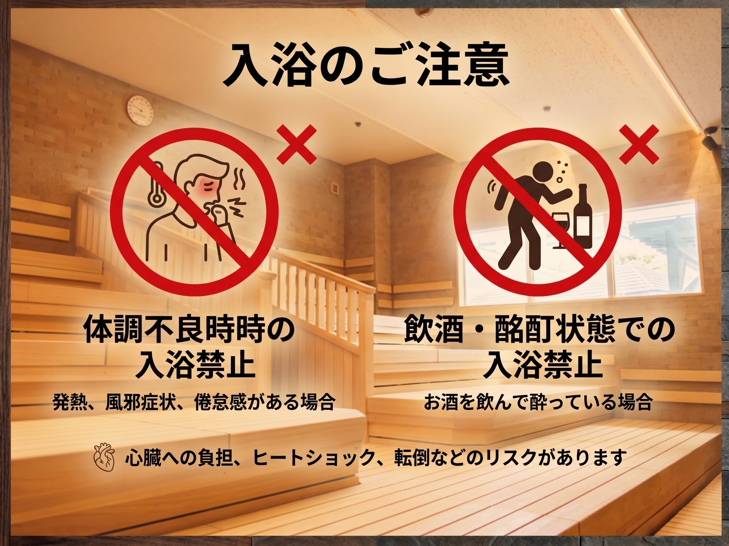 体調不良や、酩酊状態のときは入浴しない